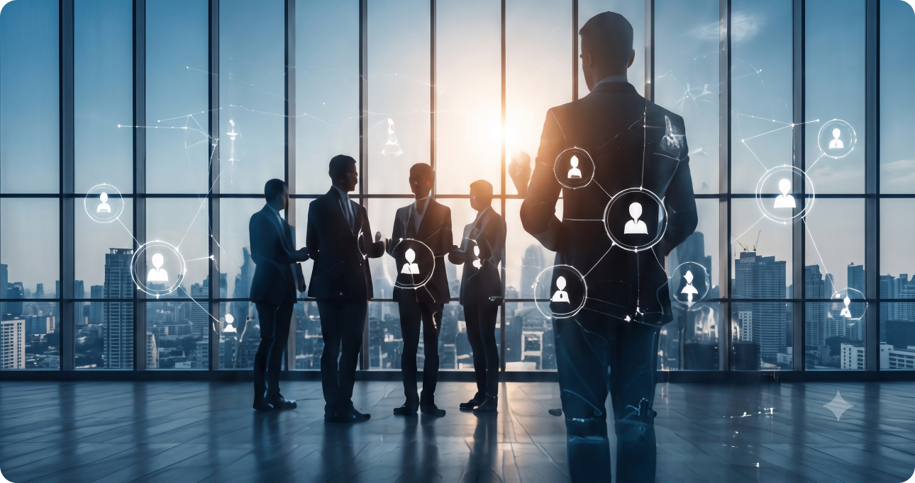 Business professionals connected through a digital network